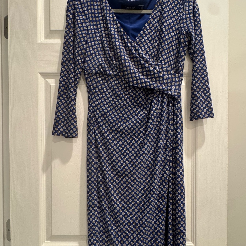 Ralph Lauren Navy and White Geometric Long Sleeve Dress